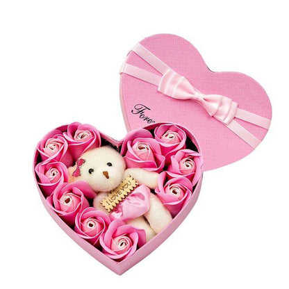 Heart-shape Soap Flower Gift Box With Teddy Bear - Rheasie & Co