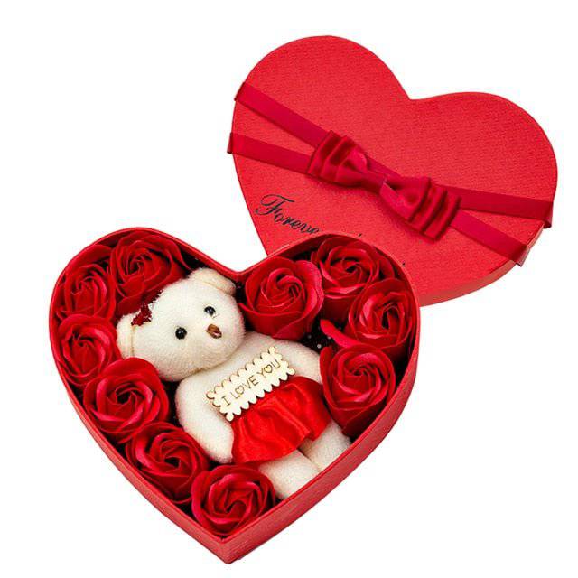 Heart-shape Soap Flower Gift Box With Teddy Bear - Rheasie & Co