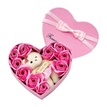 Heart-shape Soap Flower Gift Box With Teddy Bear - Rheasie & Co