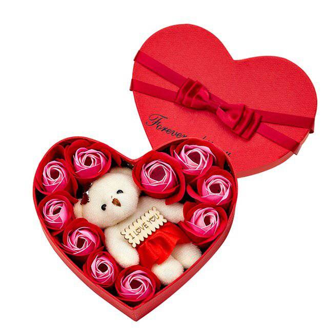 Heart-shape Soap Flower Gift Box With Teddy Bear - Rheasie & Co