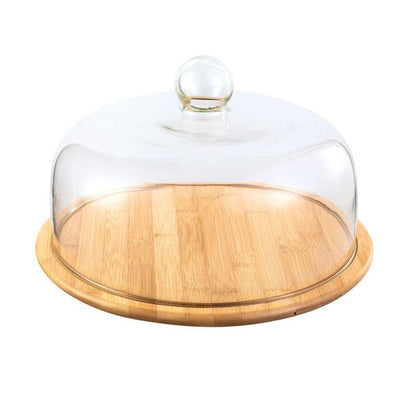 Glass Cake Display With Wooden Serving Dish - Rheasie & Co