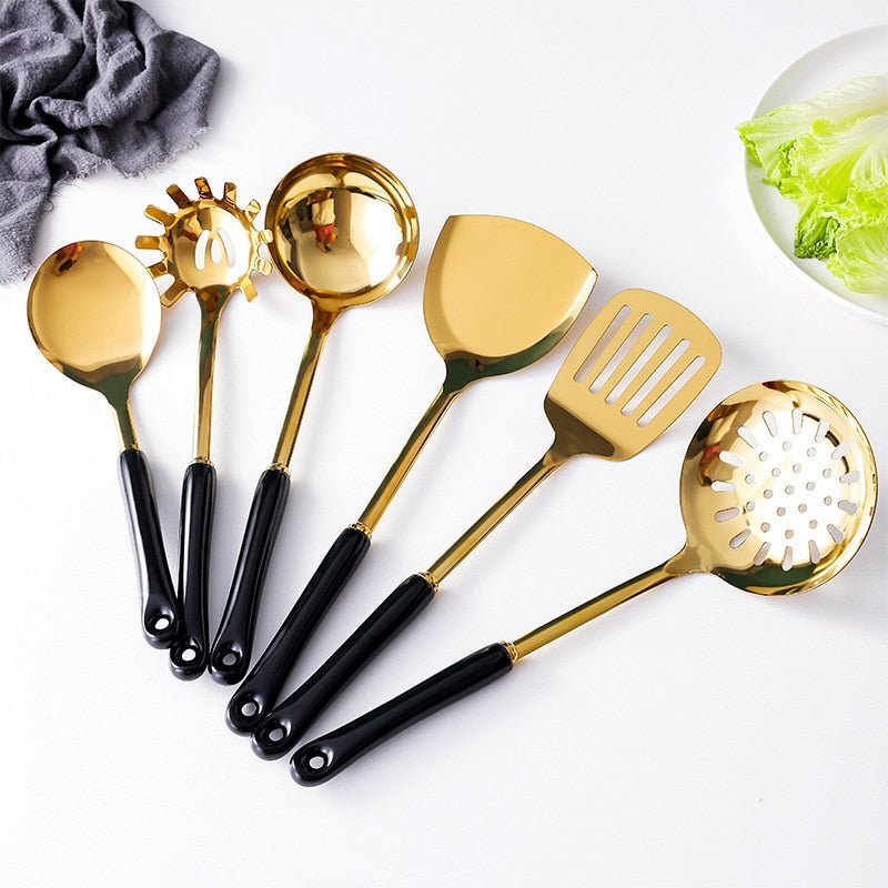 White Silicone and Gold Cooking Utensils Set with Holder - 7PC
