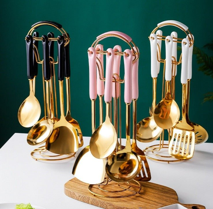 Silicone and Gold Cooking Utensils Set with Gold Utensil 7PC Set